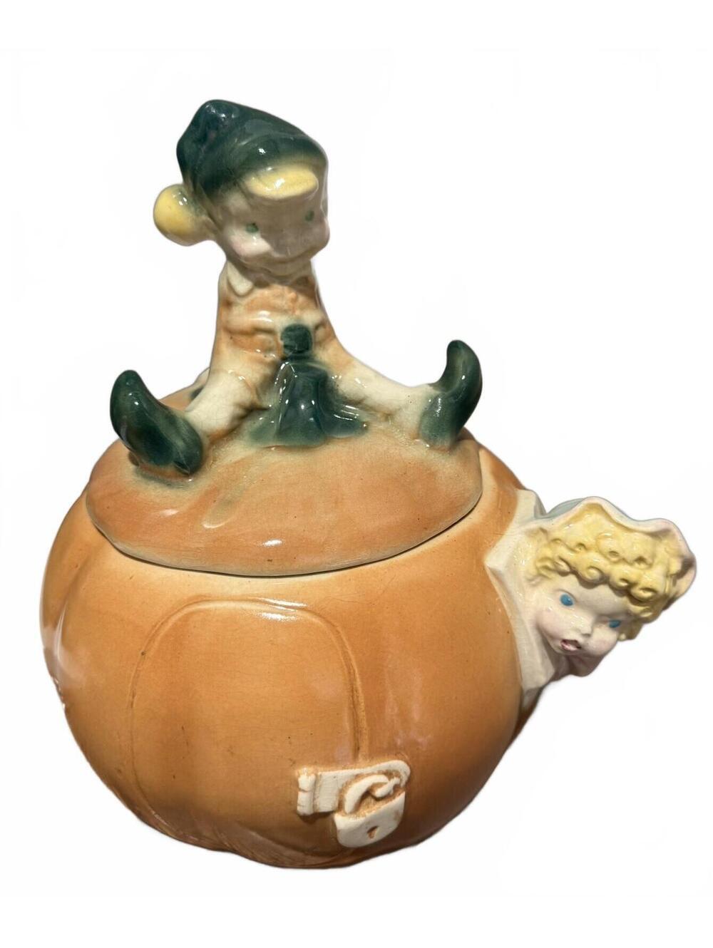 Vintage Mid-Century Elf in Pumpkin Cookie Jar -W24 USA Mark Peter Pumpkin Eater